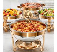 WARMOUNTS 5QT Gold Chafing Dish Buffet Set with Glass Lid, 4 Pack Round Half-Plated Gold & Food-Grade Stainless Steel Food Warmer Buffet Set with Lid Holder,for Wedding