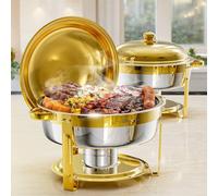WARMOUNTS 6L Chafing Dish Buffet Set with Lid 2 Pack, Round Food Warmer for Catering Buffet with Lid Holder, Stackable Rolled-Rim Food-Grade Stainless Steel Chafer for Parties, Weddings & Banquets