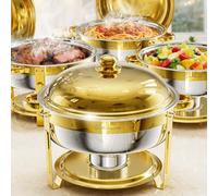 WARMOUNTS 6L Chafing Dish Buffet Set with Lid 4 Pack, Round Food Warmer for Catering Buffet with Lid Holder, Stackable Rolled-Rim Food-Grade Stainless Steel Chafer for Parties, Weddings & Banquets