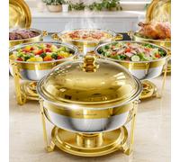 WARMOUNTS 6L Chafing Dish Buffet Set with Lid 6 Pack, Round Food Warmer for Catering Buffet with Lid Holder, Stackable Rolled-Rim Food-Grade Stainless Steel Chafer for Parties, Weddings & Banquets