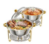 Warmounts 6L Chafing Dishes for Buffet 2 Pack, Round Stainless Steel Food Warmers with Gold Trim & Lid Holder, Stackable Catering Chafers Serving Dishes for Parties, Weddings & Events