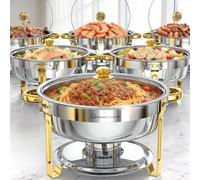 Warmounts 6L Chafing Dishes for Buffet 6 Pack, Round Stainless Steel Food Warmers with Glass Lid & Gold Trim, Stackable Catering Chafers Serving Dishes with Lid Holder for Parties, Weddings