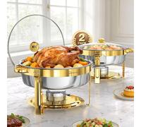 WARMOUNTS 6L Gold Chafing Dish Buffet Set 2 Pack, Round Stainless Steel Food Warmers with Glass Lid & Lid Holder, Stackable Catering Chafers Serving Dishes for Banquets, Parties & Weddings