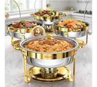 WARMOUNTS 6L Gold Chafing Dish Buffet Set 4 Pack, Round Stainless Steel Food Warmers with Glass Lid & Lid Holder, Stackable Catering Chafers Serving Dishes for Banquets, Parties & Weddings