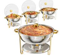 Warmounts 7,5L Chafing Dishes for Buffet 4 Pack, Round Stainless Steel Food Warmers with Glass Lid & Gold Trim, Stackable Catering Chafers Serving Dishes with Lid Holder for Parties, Weddings