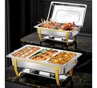 WARMOUNTS 9QT 2 Pack Gold Chafing Dishes for Buffet with Upgraded Multi-Size Food Pans, Rectangular Chafing Dish Set w/Mirror-Polished Stainless Steel, Rolled rim, Foldable Frame for Parties