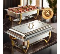 WARMOUNTS 9QT Gold Chafing Dishes for Buffet (2 Pack), High Grade Stainless Steel Chafers for Catering w/Rolled Edge Design, Foldable Frame, for Party, Banquet (Full Size Food Pan)