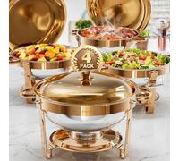 WARMOUNTS Chafing Dish Buffet Set 5L 4 Pack, Round Food Warmer for Catering Buffet with Lid Holder, Mirror-Polished Rolled-Rim Food-Grade Stainless Steel Chafer for Party, Wedding, Event, Rose Gold