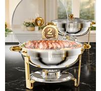 WARMOUNTS Chafing Dish Buffet with Glass Lid 5L 2 Pack, Round Food Warmer for Catering Buffet with Lid Holder, Mirror-Polished Rolled-Rim Food-Grade Stainless Steel Chafer for Party