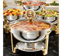 WARMOUNTS Chafing Dish Buffet with Glass Lid 5L 4 Pack, Round Food Warmer for Catering Buffet with Lid Holder, Mirror-Polished Rolled-Rim Food-Grade Stainless Steel Chafer for Party