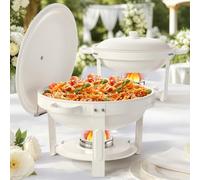 WARMOUNTS Chafing Dishes Buffet Set 5L 2 Pack, Maifanite-Coated Round Buffet Warmers Mirror-Polished Stainless Steel, Rolled Rim Stackable Chafers with Lid Holder for Party, Wedding, Event, White