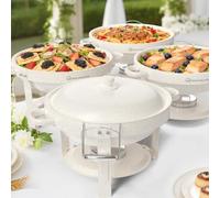 WARMOUNTS Chafing Dishes Buffet Set 5L 4 Pack, Maifanite-Coated Round Buffet Warmers Mirror-Polished Stainless Steel, Rolled Rim Stackable Chafers with Lid Holder for Party, Wedding, Events, White
