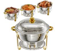 Warmounts Chafing Dishes for Buffet 6L 4 Pack, Round Stainless Steel Food Warmers with Gold Trim & Lid Holder, Rolled-Rim Stackable Catering Chafers Serving Dishes for Parties, Weddings & Events