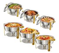 Warmounts Chafing Dishes for Buffet 6L 6 Pack, Round Stainless Steel Food Warmers with Gold Trim & Lid Holder, Rolled-Rim Stackable Catering Chafers Serving Dishes for Parties, Weddings & Events