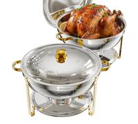 WARMOUNTS Chafing Dishes for Buffet Set 7,5L 2 Pack, Round Food Warmer for Catering Buffet with Lid Holder, Stackable Catering Chafers Serving Dishes for Party, Wedding & Events, Silver & Gold