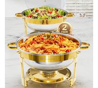 WARMOUNTS Gold Chafing Dish Buffet with Glass Lid 5L Set 2 Pack, Round Food Warmer for Catering Buffet with Lid Holder, Stackable Mirror-Polished Rolled-Rim Food-Grade Stainless Steel Chafer for Party