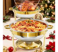 WARMOUNTS Gold Chafing Dish Buffet with Glass Lid 5L Set 2 Pack, Round Food Warmer for Catering Buffet with Lid Holder, Stackable Mirror-Polished Rolled-Rim Food-Grade Stainless Steel Chafer for Party