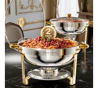 WARMOUNTS Gold & Silver Chafing Dishes for Buffet with Glass Lid (5QT, 4 Pack) - Food-Grade Stainless Steel Chafers and Buffet Warmers Sets with Lid Holder, Rolled Edge Design, for Party, Banquet