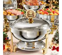 WARMOUNTS Gold Chafing Dishes for Buffet, 5QT 4 Pack Round Chafing Dish Buffet Set w/Lid Holder, Thickened Stainless Steel Chafers and Buffet Warmers Sets for Weddings, Events, Banquet