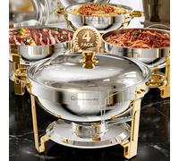 WARMOUNTS Gold Chafing Dishes for Buffet, 5QT 4 Pack Round Chafing Dish Buffet Set w/Lid Holder, Thickened Stainless Steel Chafers and Buffet Warmers Sets for Weddings, Events, Banquet