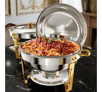 WARMOUNTS Gold Chafing Dishes for Buffet, 5QT Round Chafing Dish Buffet Set w/Lid Holder, Thickened Stainless Steel Chafers and Buffet Warmers Sets for Weddings, Events, Banquet (2)