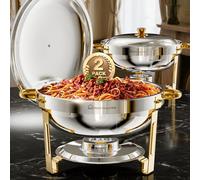 WARMOUNTS Gold Chafing Dishes for Buffet, 5QT Round Chafing Dish Buffet Set w/Lid Holder, Thickened Stainless Steel Chafers and Buffet Warmers Sets for Weddings, Events, Banquet (2)