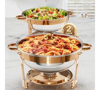 WARMOUNTS Gold Chafing Dishes for Buffet Sets 5QT with Glass Lid, 2 Pack Food-Grade Stainless Steel,Gold Full-Plated Round Chafers and Buffet Warmers Sets with Lid Holder, Food Warmers for Parties,E