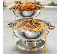 Warmounts Gold & Silver Chafing Dish Buffet with Glass Lid 7,5L 2 Pack, Round Food Warmers with Lid Holder, Stackable Catering Chafers Serving Dishes with Lid Holder for Party, Wedding