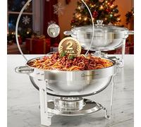 WARMOUNTS Round Chafing Dish Buffet 5L Set 2 Pack, Food Warmer for Catering Buffet with Glass Lid & Lid Holder, Mirror-Polished Stainless Steel Chafer for Parties, Christmas, Events, Wedding, Dinner