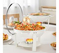 WARMOUNTS White Chafing Dish Buffet with Glass Lid 5L 2 Pack, Maifanite-Coated Round Food Warmers Set w/Mirror-Polished Stainless Steel, Rolled Rim Stackable Chafers with Lid Holder for Party, Wedding