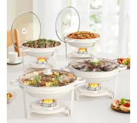 WARMOUNTS White Chafing Dish Buffet with Glass Lid 5L 4 Pack, Maifanite-Coated Round Food Warmers Set w/Mirror-Polished Stainless Steel, Rolled Rim Stackable Chafers with Lid Holder for Party, Wedding