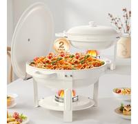 WARMOUNTS White Chafing Dishes Buffet with Lid 5L 2 Pack, Maifanite-Coated Round Buffet Warmers Set w/Mirror-Polished Stainless Steel, Rolled Rim Stackable Chafers with Lid Holder for Party, Wedding