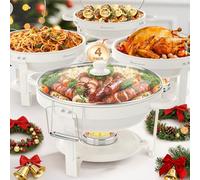 WARMOUNTS White Chafing Dishes for Buffet with Glass Lid 5L, Maifanite-Coated Round Chafing Dish Set w/Mirror-Polished Stainless Steel, Rolled Rim, Stackable, Lid Holder for Party, Wedding (4 Pack)