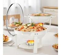 WARMOUNTS White Chafing Dishes for Buffet with Glass Lid (5QT, 2Pack), Maifanite-Coated Round Chafing Dish Set w/Mirror-Polished Stainless Steel, Rolled Rim, Stackable, Lid Holder for Party, Wedding