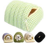 Warmth Cozy Comfort Plush Pet Cave, Removable and Washable Winter Closed-Off Cat Bed (Green Grid, Small)