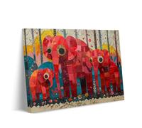 Warmth of Kinship, Elephant Family Canvas Wall Art, Modern Abstract Red Animal Collage Print, Vibrant Wildlife Pictures for Living Room, Nursery, Bedroom Decor (art-1,100 x 160 cm Rolled Canvas)