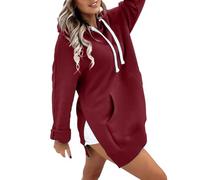 Warmy Oversized Hoodie Pullover Long Sweatshirt Split Hem with Pockets, Casual Dress for Women Women's Hooded Elegant Winter (Wine, XL)