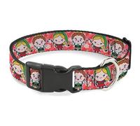Warner Bros. Holiday Movies Pet Collar, Dog Collar Plastic Buckle, Elf Chibi Buddy and Jovie Pose Snowflakes Stripe Red White, 9.5 to 14.5 Inches 0.5 Inch Wide