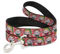 Warner Bros. Holiday Movies Pet Leash, Dog Leash, Elf Chibi Buddy and Jovie Pose Snowflakes Stripe Red White, 4 Feet Long 0.5 Inch Wide