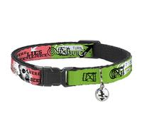 Warner Bros. Horror Movies Cat Collar, Breakaway Collar with Bell, Beetlejuice Face and Quotes Collage Pink Green Black, 8.5 to 12 Inches 0.5 Inch Wide