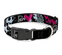 Warner Bros. Horror Movies Pet Collar, Dog Collar Plastic Buckle, Corpse Bride Emily Hearts and Skull Black White Pink, 11 to 16.5 Inches 1.0 Inch Wide