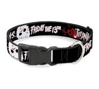 Warner Bros. Horror Movies Pet Collar, Dog Collar Plastic Buckle, Friday the 13th Jason Lives Hand Print and Mask Black Red, 20 to 31 Inches 1.5 Inch Wide