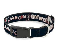Warner Bros. Horror Movies Pet Collar, Dog Collar Plastic Buckle, Friday the 13th Jason Mask and Splatter Black Red White, 9.5 to 14.5 Inches 0.5 Inch Wide