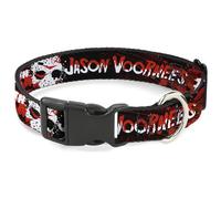 Warner Bros. Horror Movies Pet Collar, Dog Collar Plastic Buckle, Friday The 13th Jason Voorhies Mask Text Black Red White, 8.5 to 12 Inches 0.5 Inch Wide