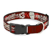 Warner Bros. Horror Movies Pet Collar, Dog Collar Plastic Buckle, Friday the 13th Mask and Machete Icons Red Pink White, 20 to 31 Inches 1.5 Inch Wide