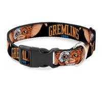 Warner Bros. Horror Movies Pet Collar, Dog Collar Plastic Buckle, Gremlins 1984 Gizmo Face Close Up Black, 20 to 31 Inches 1.5 Inch Wide