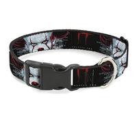 Warner Bros. Horror Movies Pet Collar, Dog Collar Plastic Buckle, It Chapter Two Pennywise Face Close Up Black Red Blues, 9.5 to 13 Inches 1.0 Inch Wide