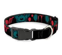 Warner Bros. Horror Movies Pet Collar, Dog Collar Plastic Buckle, It Pennywise Face and Balloons Time to Float Black Blues Reds, 9.5 to 13 Inches 1.0 Inch Wide