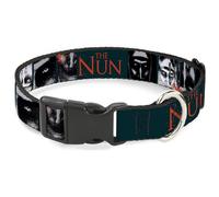 Warner Bros. Horror Movies Pet Collar, Dog Collar Plastic Buckle, The Nun Demon Nun Valak Pose Blocks and Logo Blue Red White, 7 to 8.5 Inches 0.5 Inch Wide
