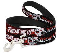 Warner Bros. Horror Movies Pet Leash, Dog Leash, Friday The 13th Jason Voorhies Mask Text Black Red White, 6 Feet Long 0.5 Inch Wide